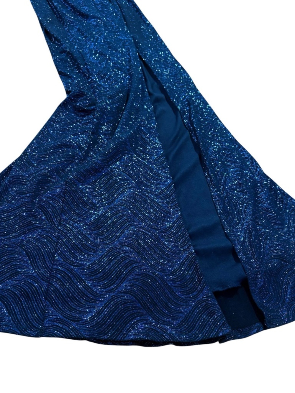 Blue Glitter Formal Mermaid Dress High Slit - Picture 3 of 7